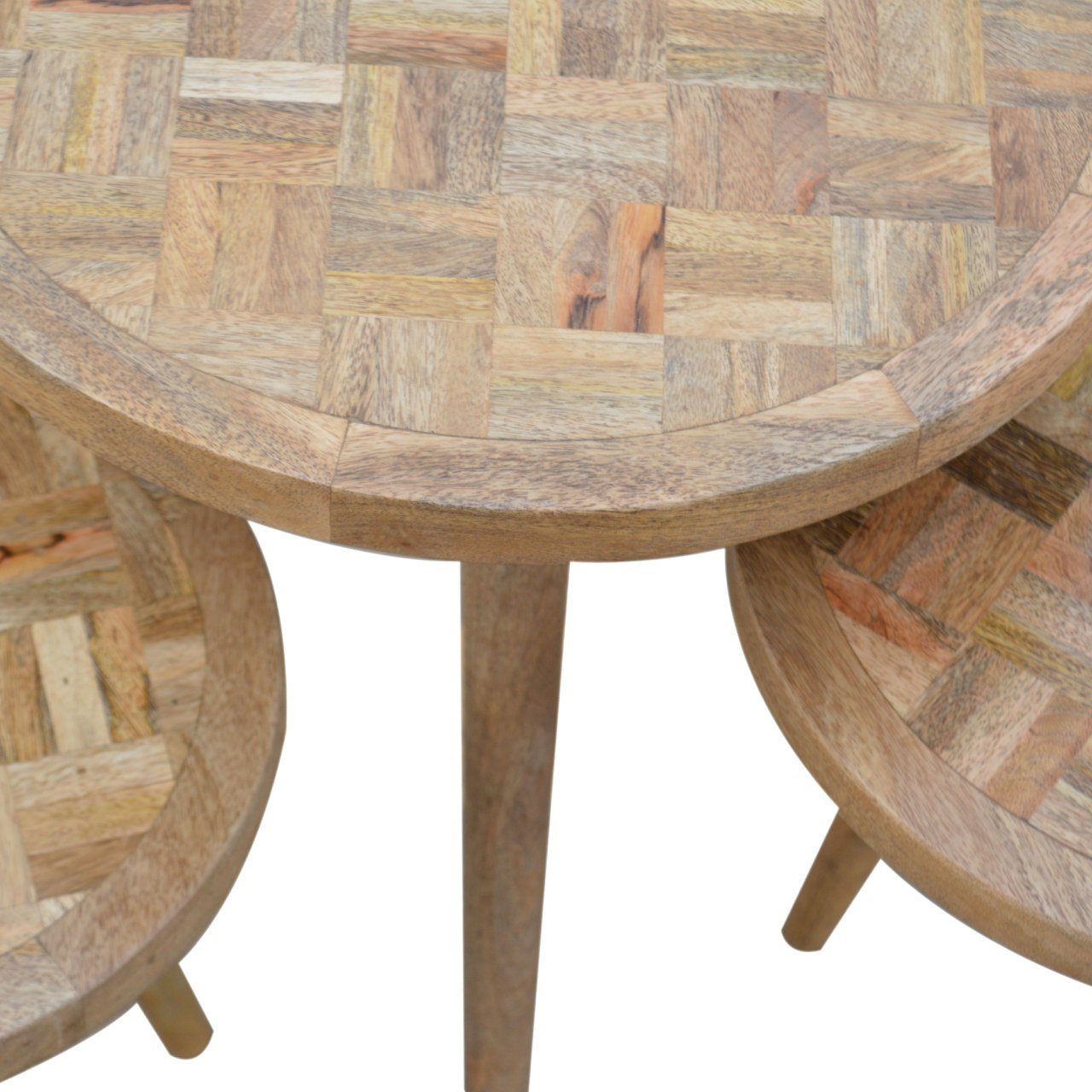Solid Mango Wood Scandinavian Style Set of 3 Nest Tables with Patchwork Patterned Tops - Image 7