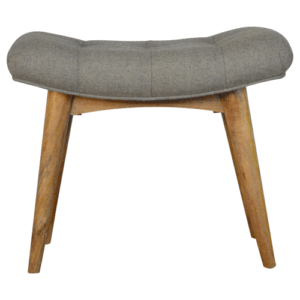 Solid Mango Wood Grey Tweed Upholstered Bean Shaped Footstool