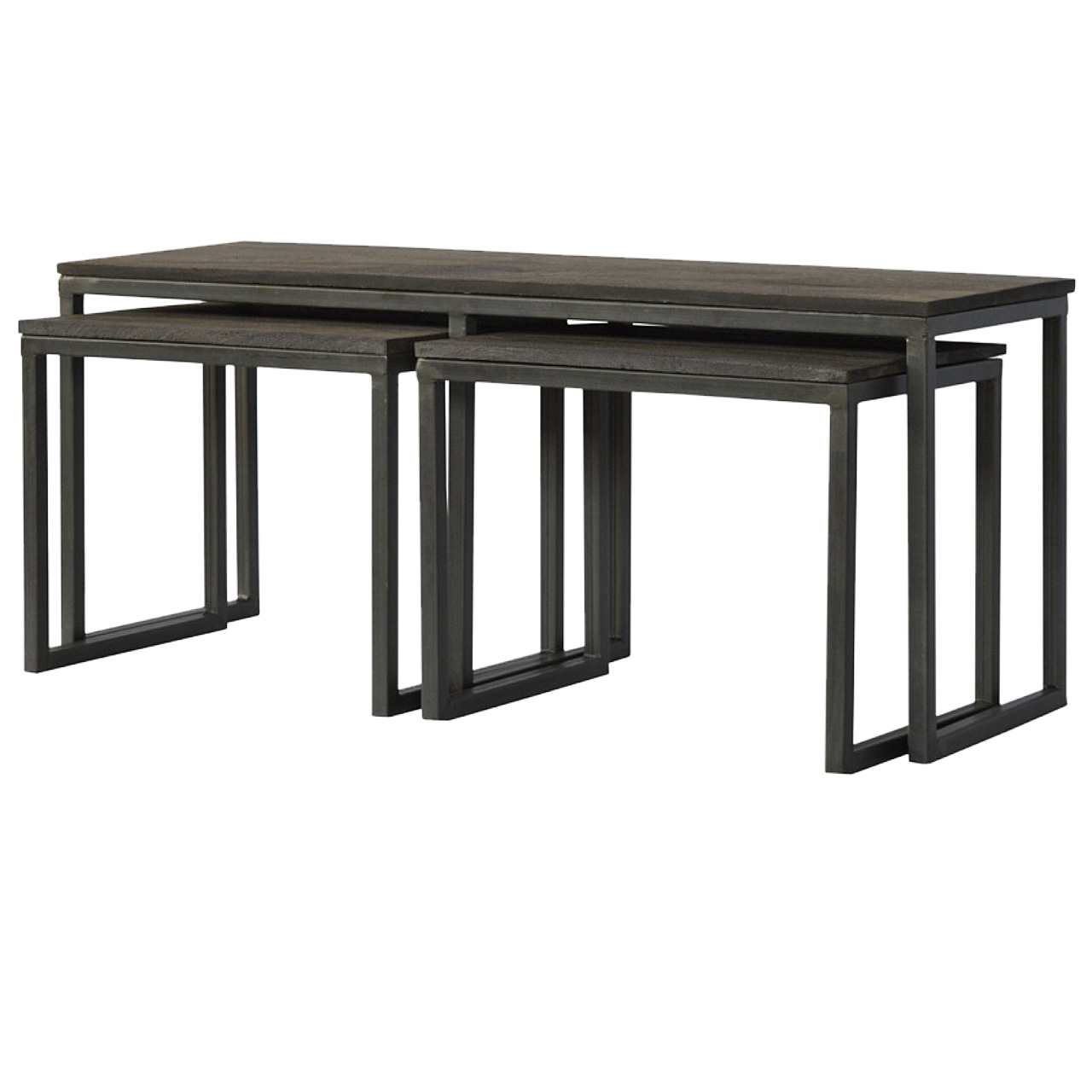 Solid Mango Wood Industrial Iron Base Set of 3 Coffee Tables - Image 2