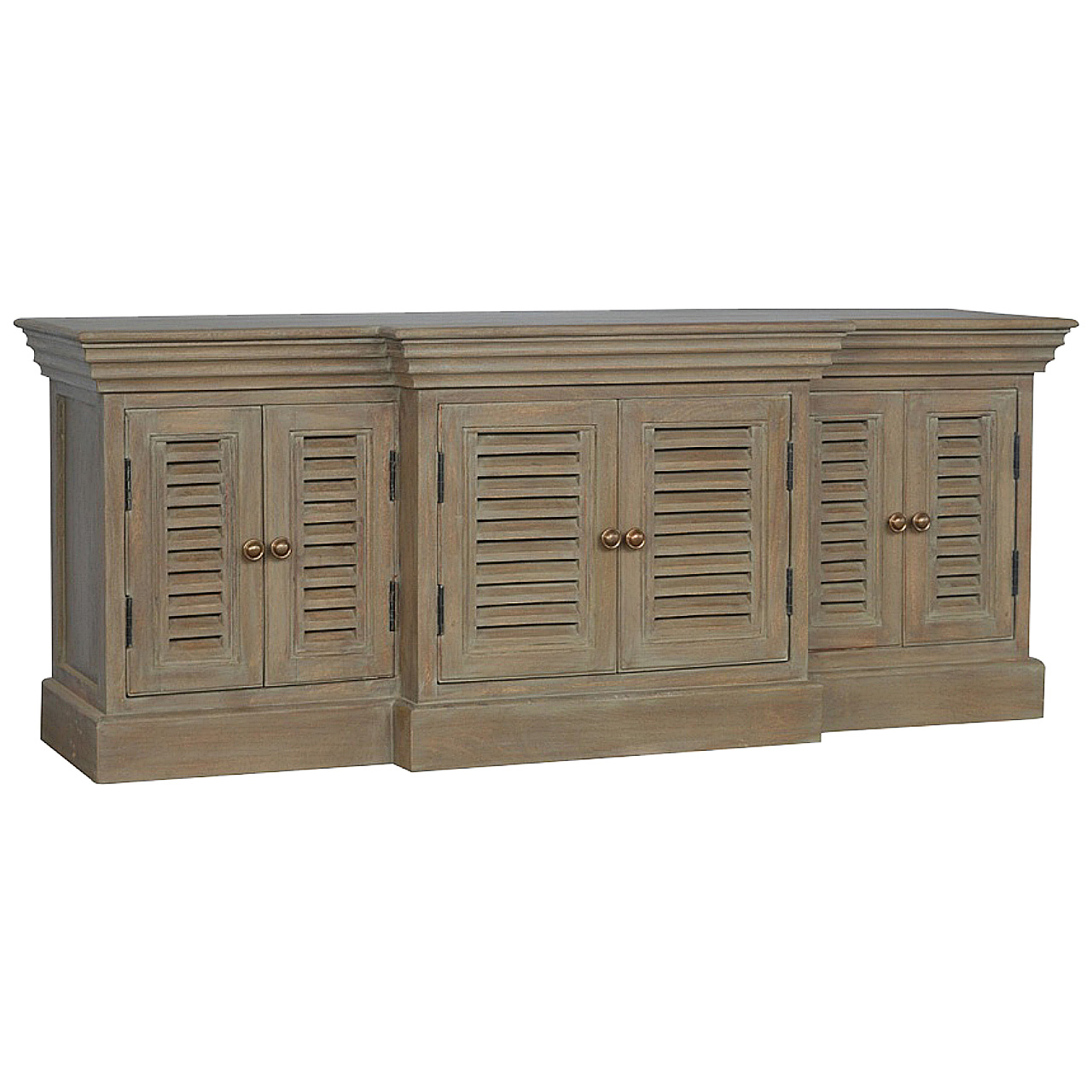 Solid Mango Wood Grey Washed Finished 3 Cupboard Shuttered Media Unit