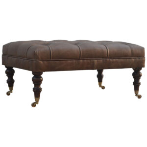 Solid Mango Wood Light Walnut Finished and Buffalo Leather Bench