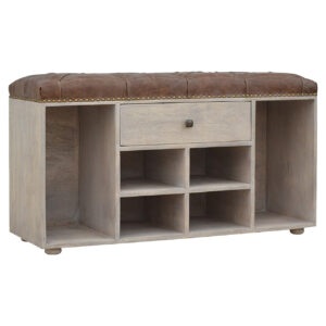 Solid Mango Wood Stone Finished 4 Slot Buffalo Leather Show Cupboard