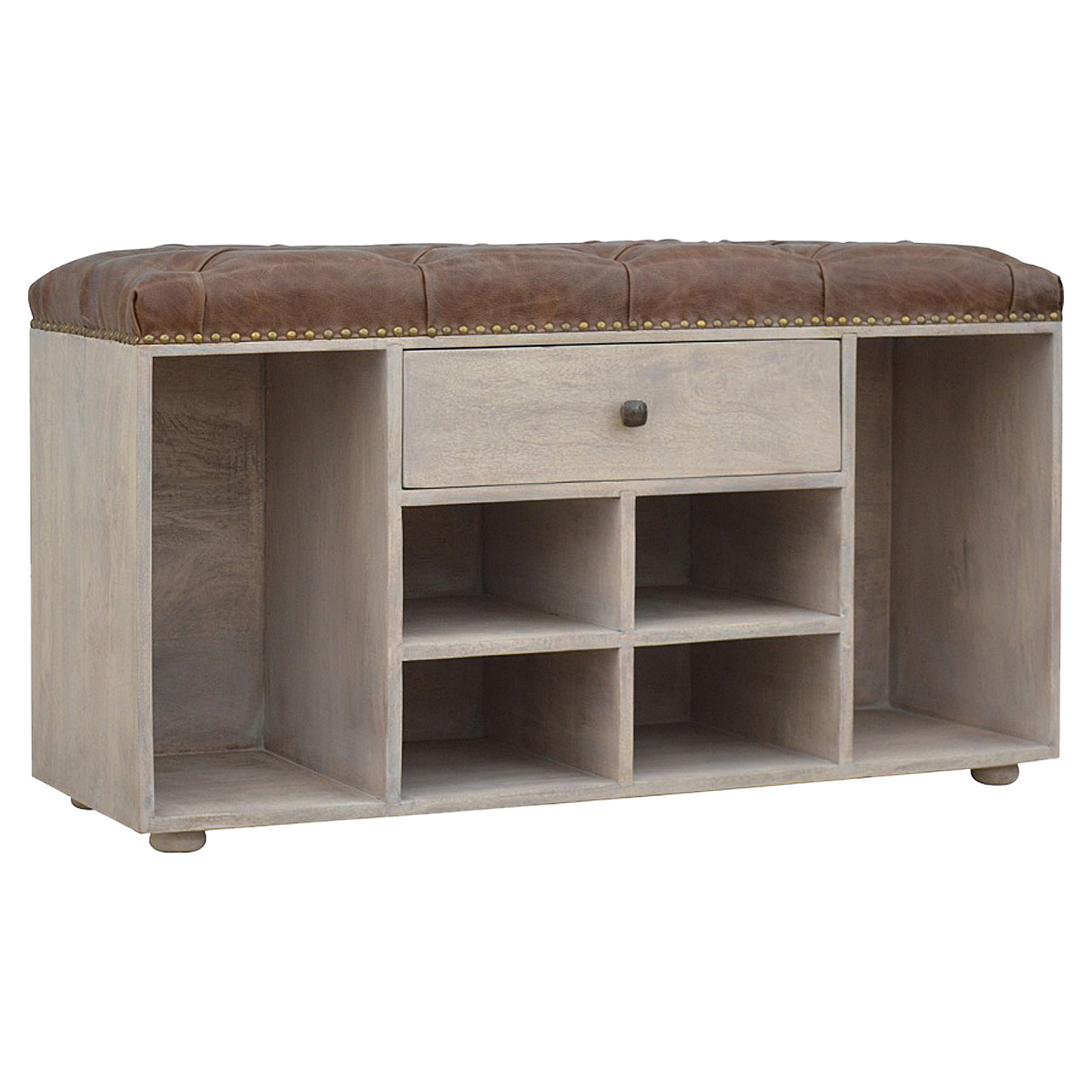 Solid Mango Wood Stone Finished 4 Slot Buffalo Leather Show Cupboard