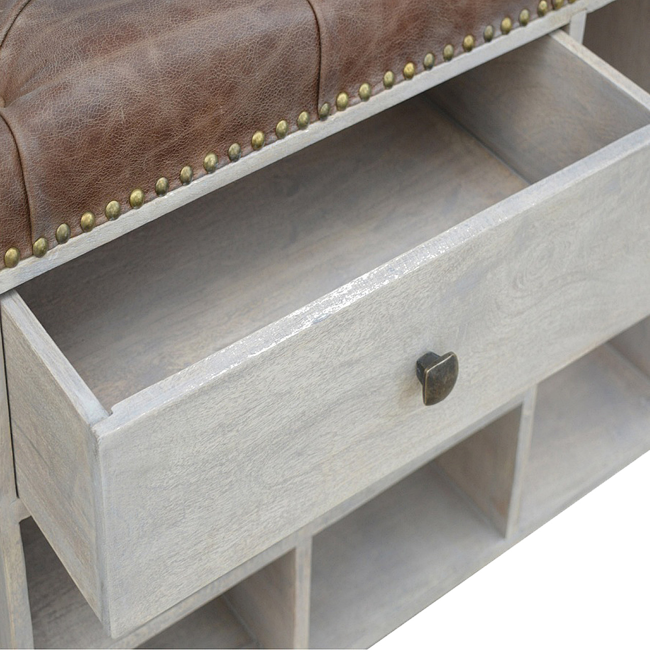 Solid Mango Wood Stone Finished 4 Slot Buffalo Leather Show Cupboard - Image 2