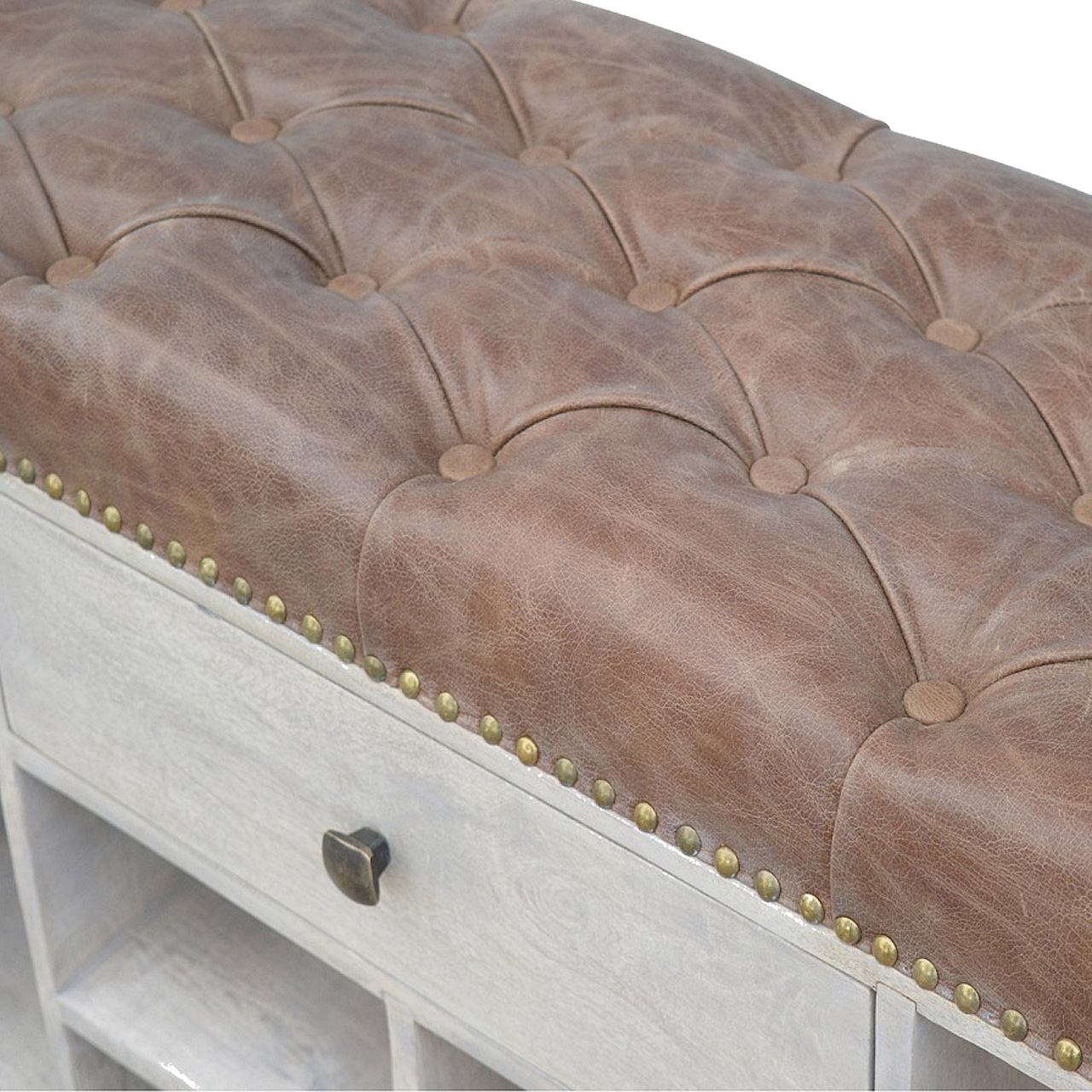 Solid Mango Wood Stone Finished 4 Slot Buffalo Leather Show Cupboard - Image 3