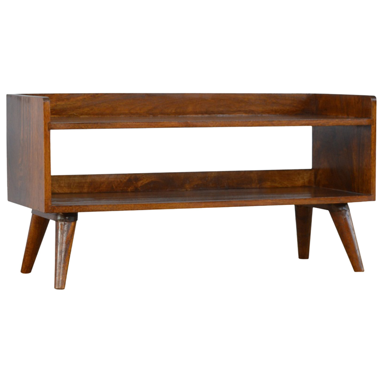 Solid Chestnut Finished Mango Wood Two Shelf Scandinavian Style Shoe Storage Bench