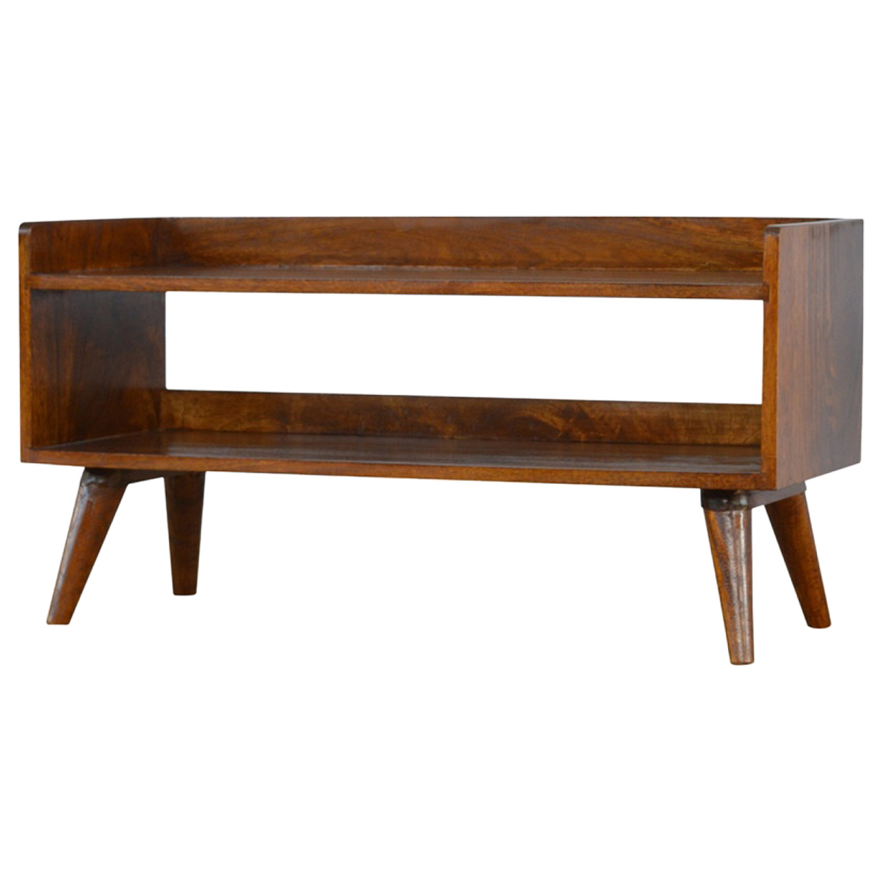 Solid Chestnut Finished Mango Wood Two Shelf Scandinavian Style Shoe Storage Bench - Image 2
