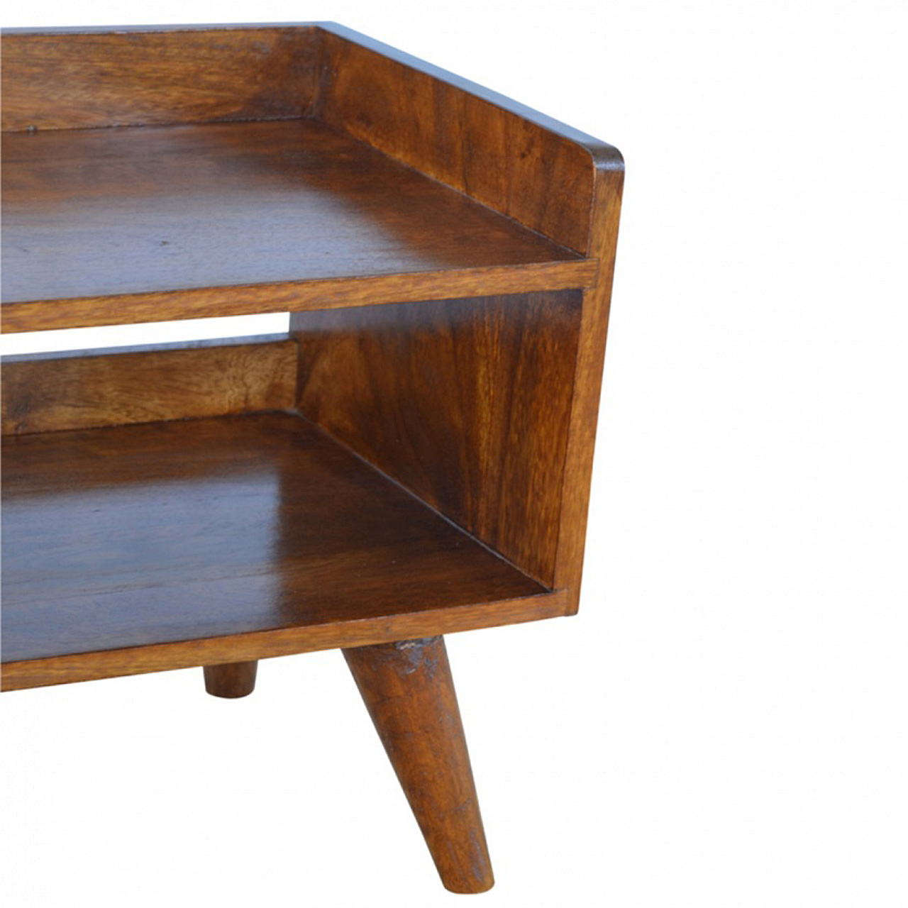 Solid Chestnut Finished Mango Wood Two Shelf Scandinavian Style Shoe Storage Bench - Image 3