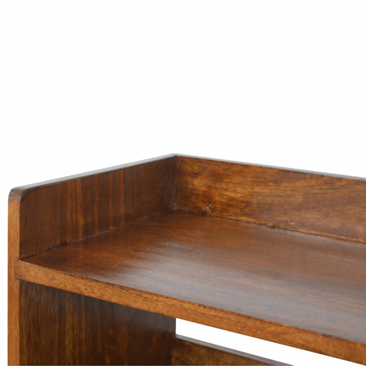 Solid Chestnut Finished Mango Wood Two Shelf Scandinavian Style Shoe Storage Bench - Image 5