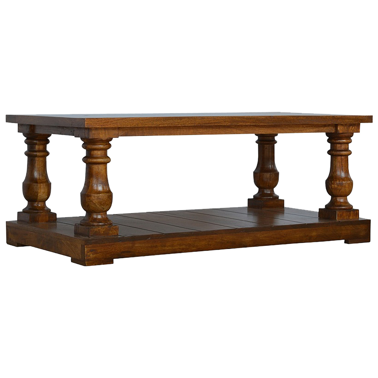 Solid Mango Wood Chestnut Finished Coffee Table with Hand Turned Legs - Image 2
