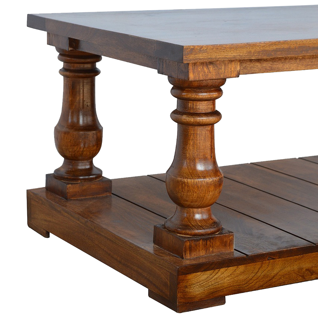 Solid Mango Wood Chestnut Finished Coffee Table with Hand Turned Legs - Image 4