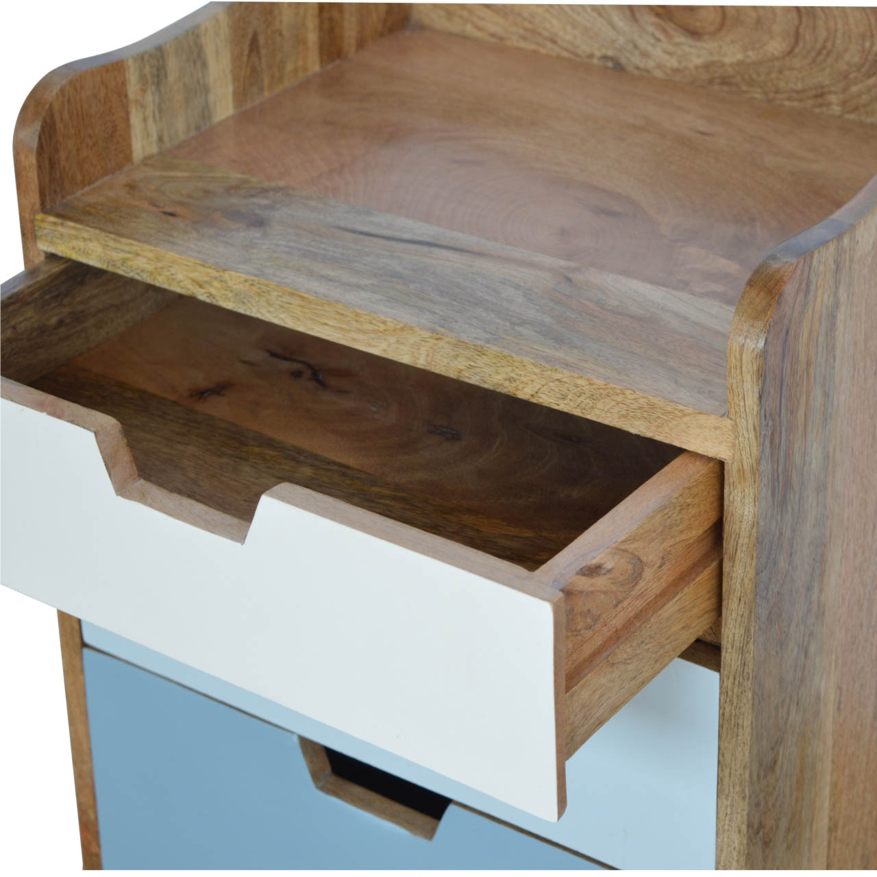 Solid Mango Wood Bedside Cabinet with Blue Painted Cut Out Drawers1 - Image 4
