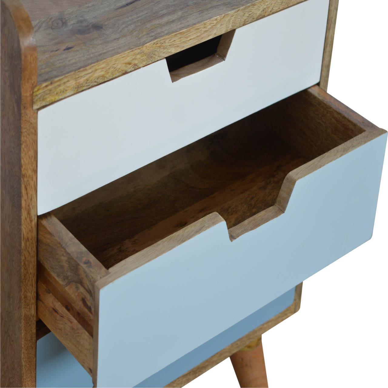 Solid Mango Wood Bedside Cabinet with Blue Painted Cut Out Drawers1 - Image 6