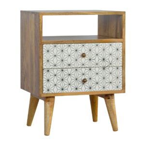 Solid Mango Wood Mango Wood 2 Drawer Black Geometric Screen-Printed Unit