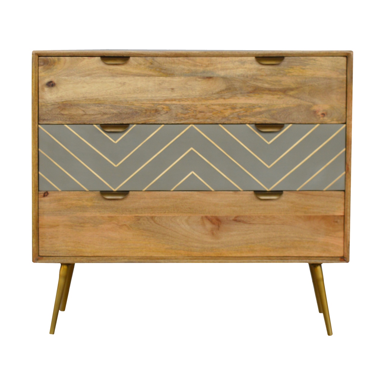 Solid Mango Wood Oak Finished 3 Drawer Cement/Brass Inlay Cabinet1