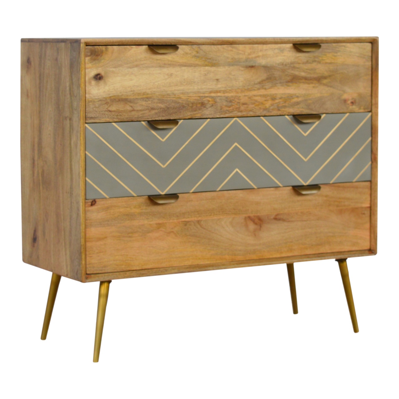 Solid Mango Wood Oak Finished 3 Drawer Cement/Brass Inlay Cabinet1 - Image 2