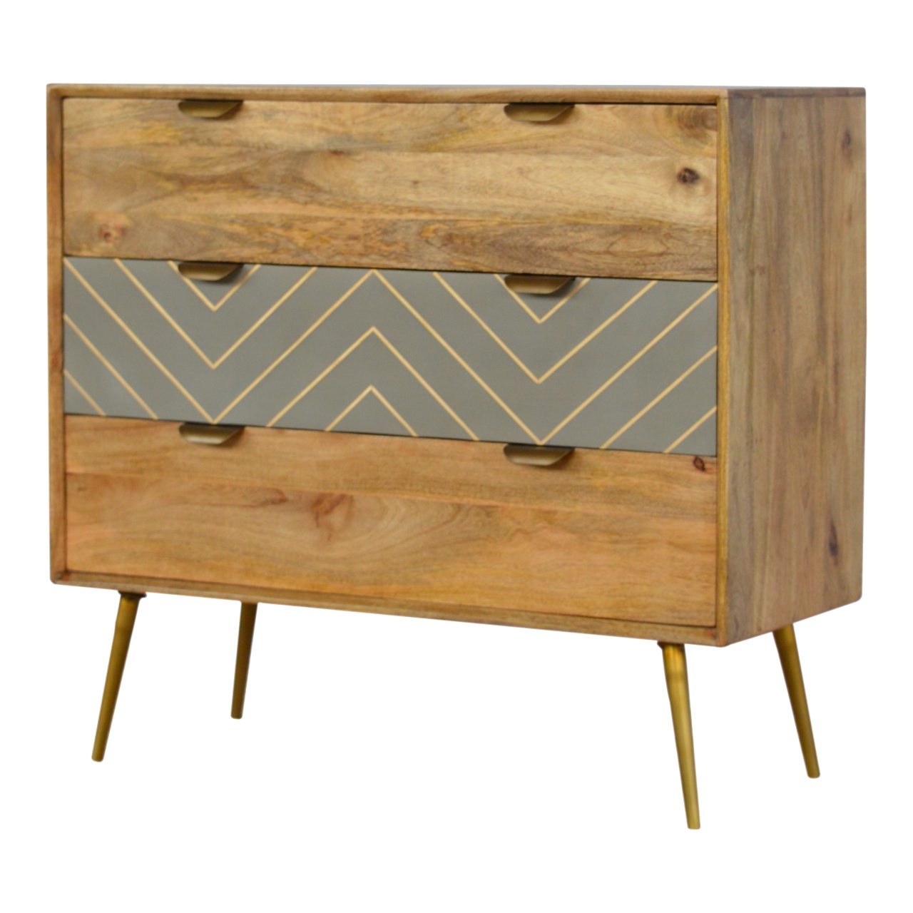 Solid Mango Wood Oak Finished 3 Drawer Cement/Brass Inlay Cabinet1 - Image 3