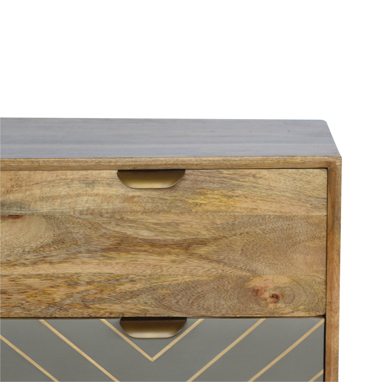 Solid Mango Wood Oak Finished 3 Drawer Cement/Brass Inlay Cabinet1 - Image 4