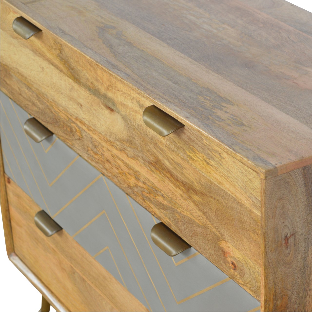 Solid Mango Wood Oak Finished 3 Drawer Cement/Brass Inlay Cabinet1 - Image 5