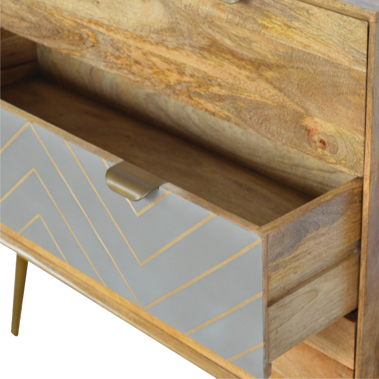 Solid Mango Wood Oak Finished 3 Drawer Cement/Brass Inlay Cabinet1 - Image 6