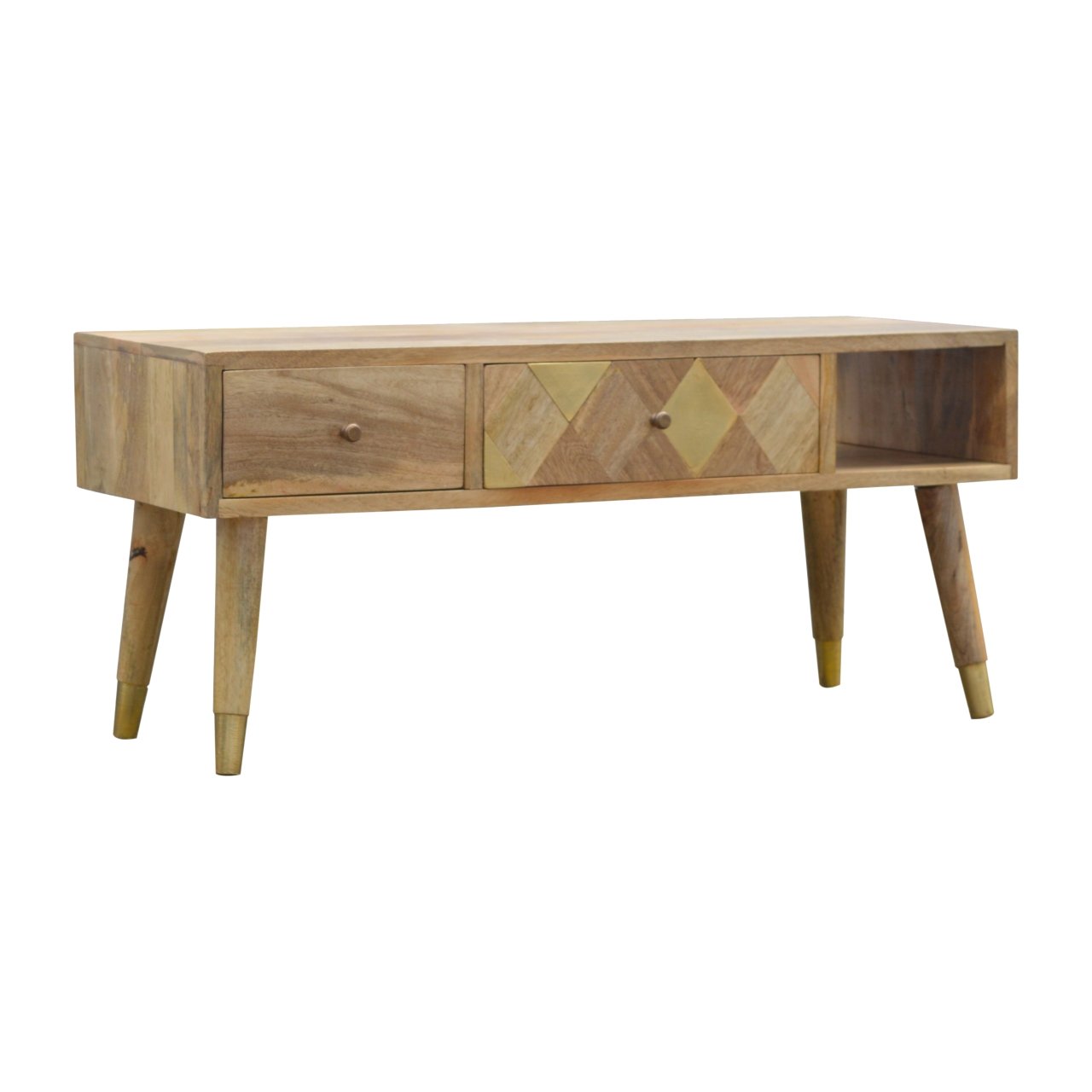 Solid Mango Wood Oak Finished Gold Inlay Media Unit - Image 2