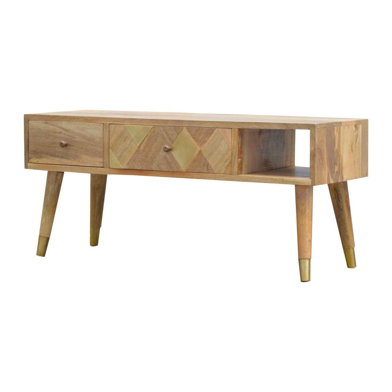 Solid Mango Wood Oak Finished Gold Inlay Media Unit - Image 3