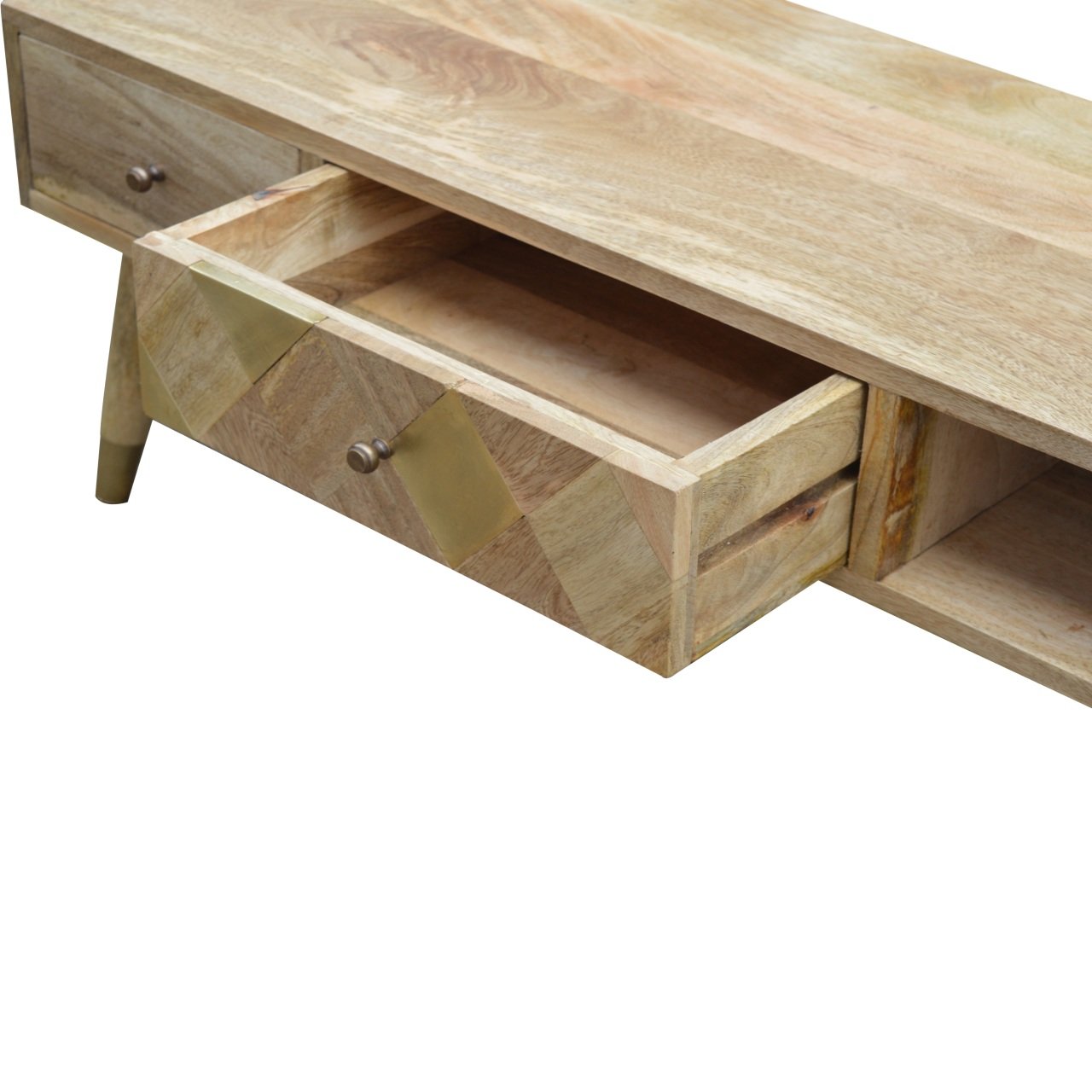 Solid Mango Wood Oak Finished Gold Inlay Media Unit - Image 4