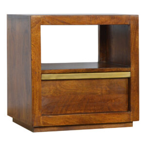 Solid Mango Wood 1 Drawer Chestnut Bedside with Gold Pull out Bar