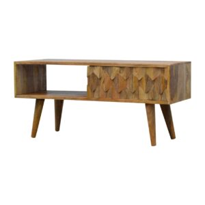 Solid Oak Finished Mango Wood Pineapple Hand Carved 1 Sliding Door Media Unit
