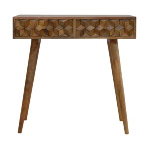 Solid Mango Wood Oak Finished Cube Carved Console Table With 2 Drawers