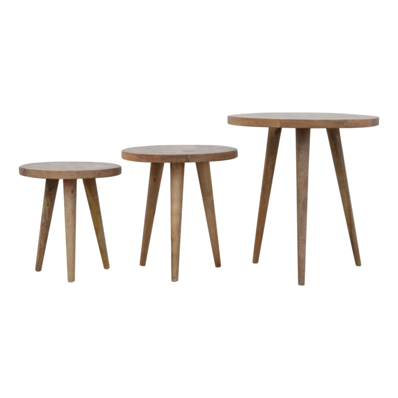 Solid Mango Wood Scandinavian Style Set of 3 Nest Tables with Patchwork Patterned Tops - Image 2