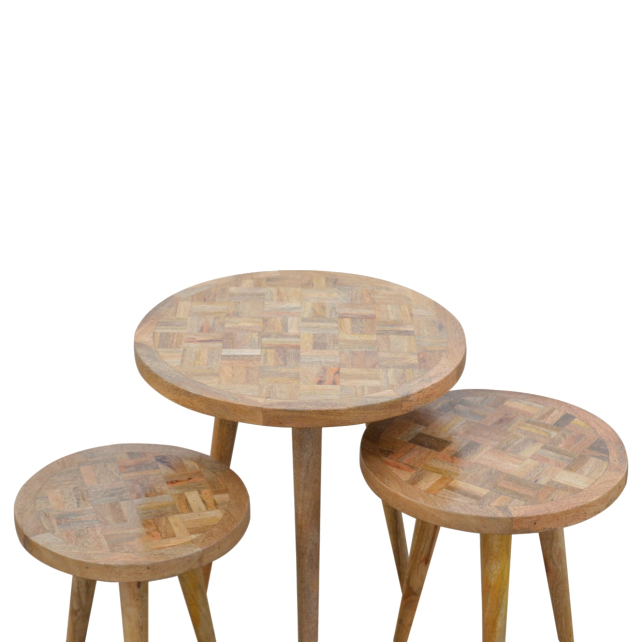 Solid Mango Wood Scandinavian Style Set of 3 Nest Tables with Patchwork Patterned Tops - Image 5