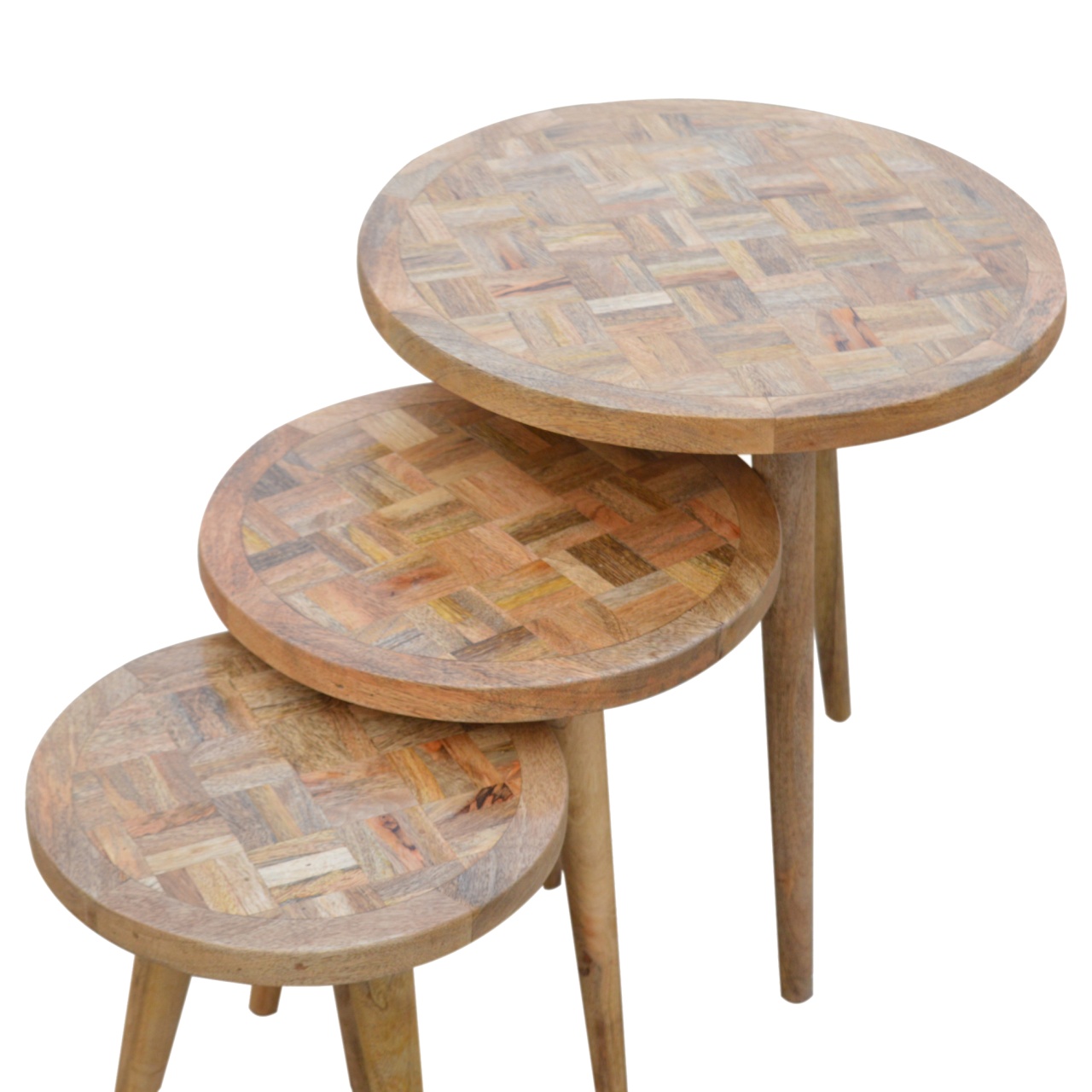 Solid Mango Wood Scandinavian Style Set of 3 Nest Tables with Patchwork Patterned Tops - Image 8