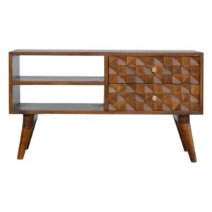 Solid Mango Wood Chestnut Finished 2 Drawer 1 Shelf Diamond Carved Media Unit