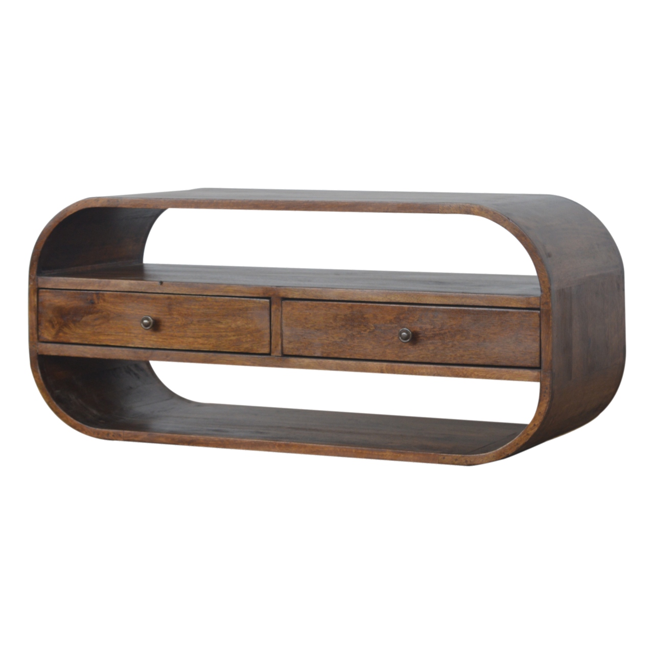 Solid Mango Wood Wall Mounted Chestnut Finished Circular Media Unit - Image 2