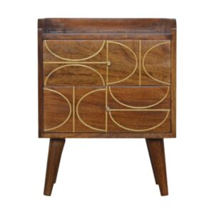 Solid Mango Wood Chestnut Finished 2 Drawer Inlay Abstract Bedside