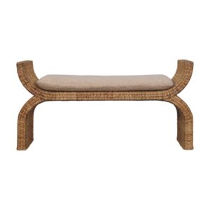 Solid Mango Wood Oak Finished Rattan Weave Boucle Cushioned Bench