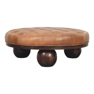 Solid Mango Wood California Walnut Sfera Brown Leather Upholstered Coffee Table