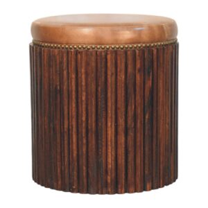 Solid Mango Wood Velvet Mocha Finished Ribbed Stool with Brown Leather Upholstered Top