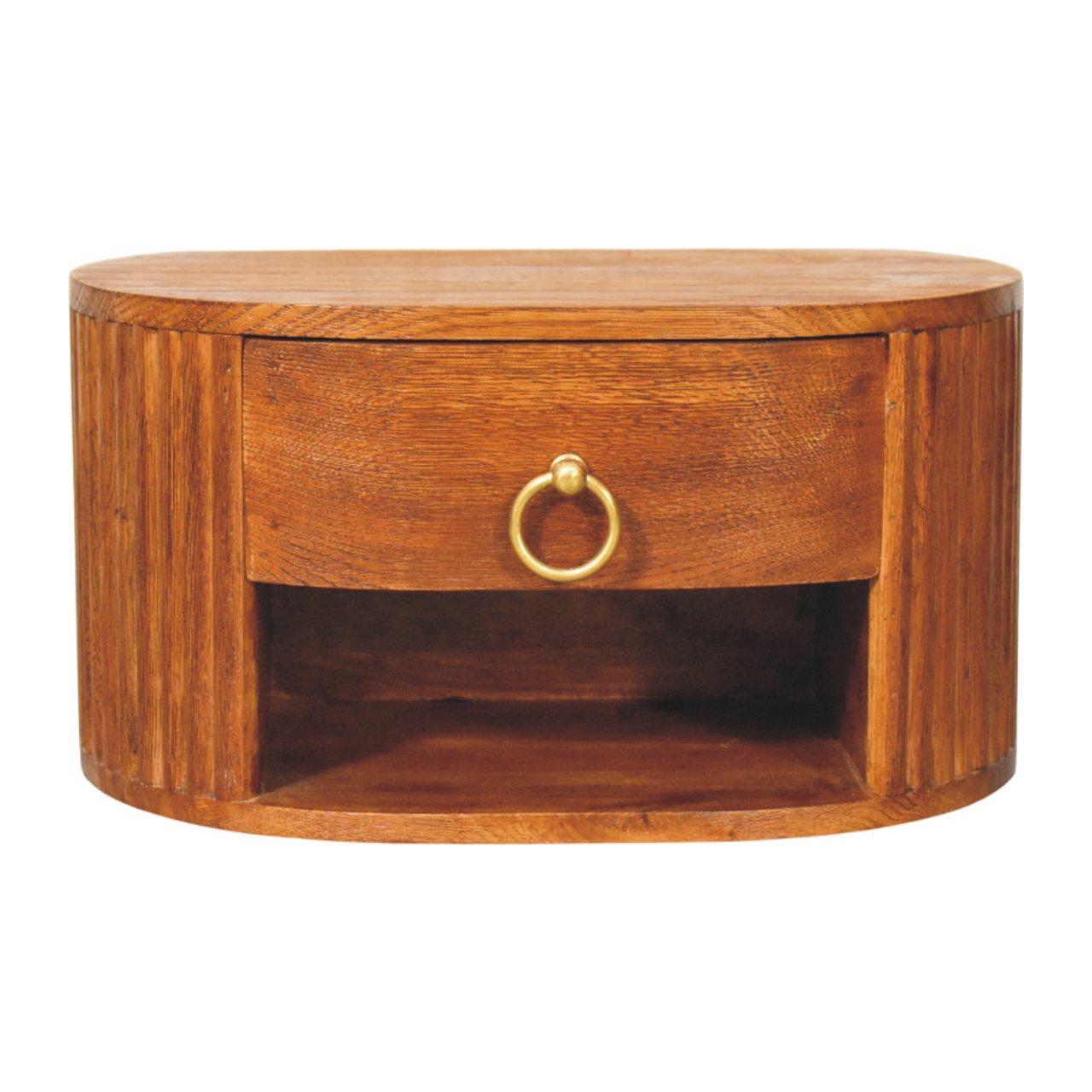 Solid Mango Wood Tiger Oak Finished 1 Drawer Oval Wall Nightstand