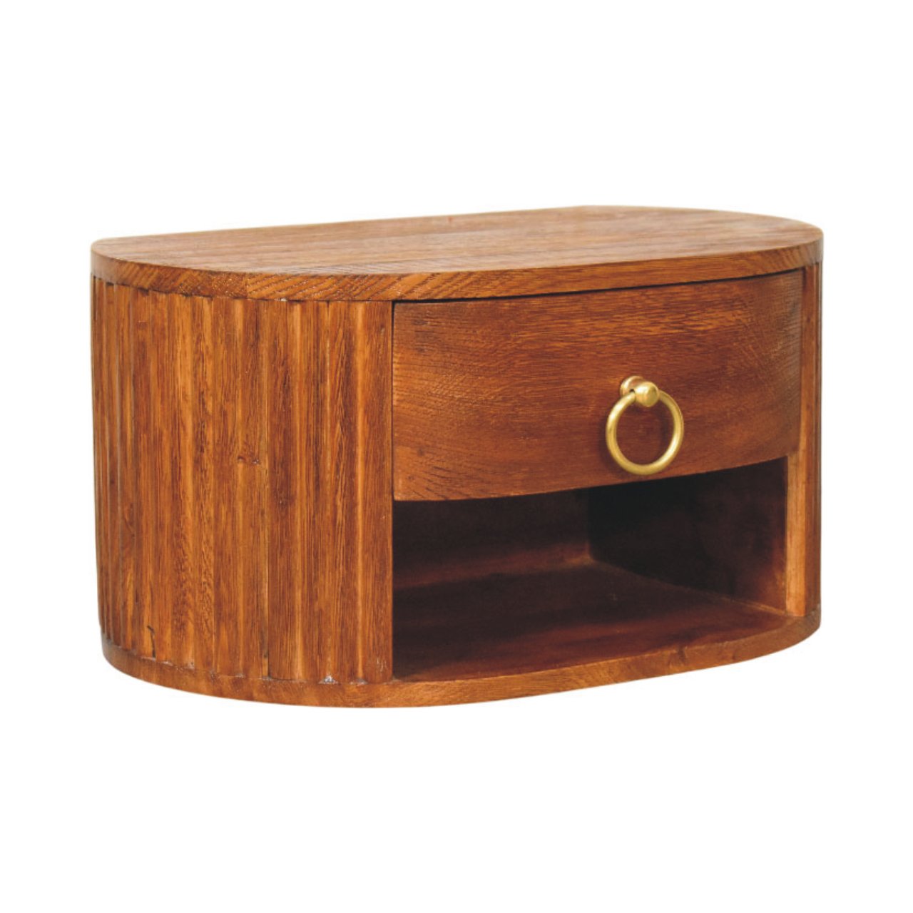 Solid Mango Wood Tiger Oak Finished 1 Drawer Oval Wall Nightstand - Image 3