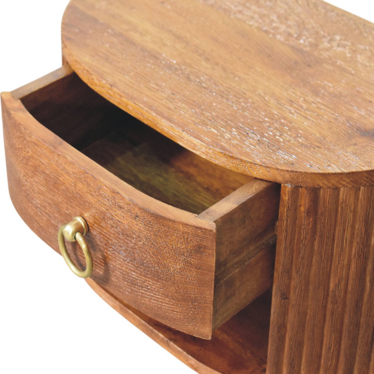 Solid Mango Wood Tiger Oak Finished 1 Drawer Oval Wall Nightstand - Image 6