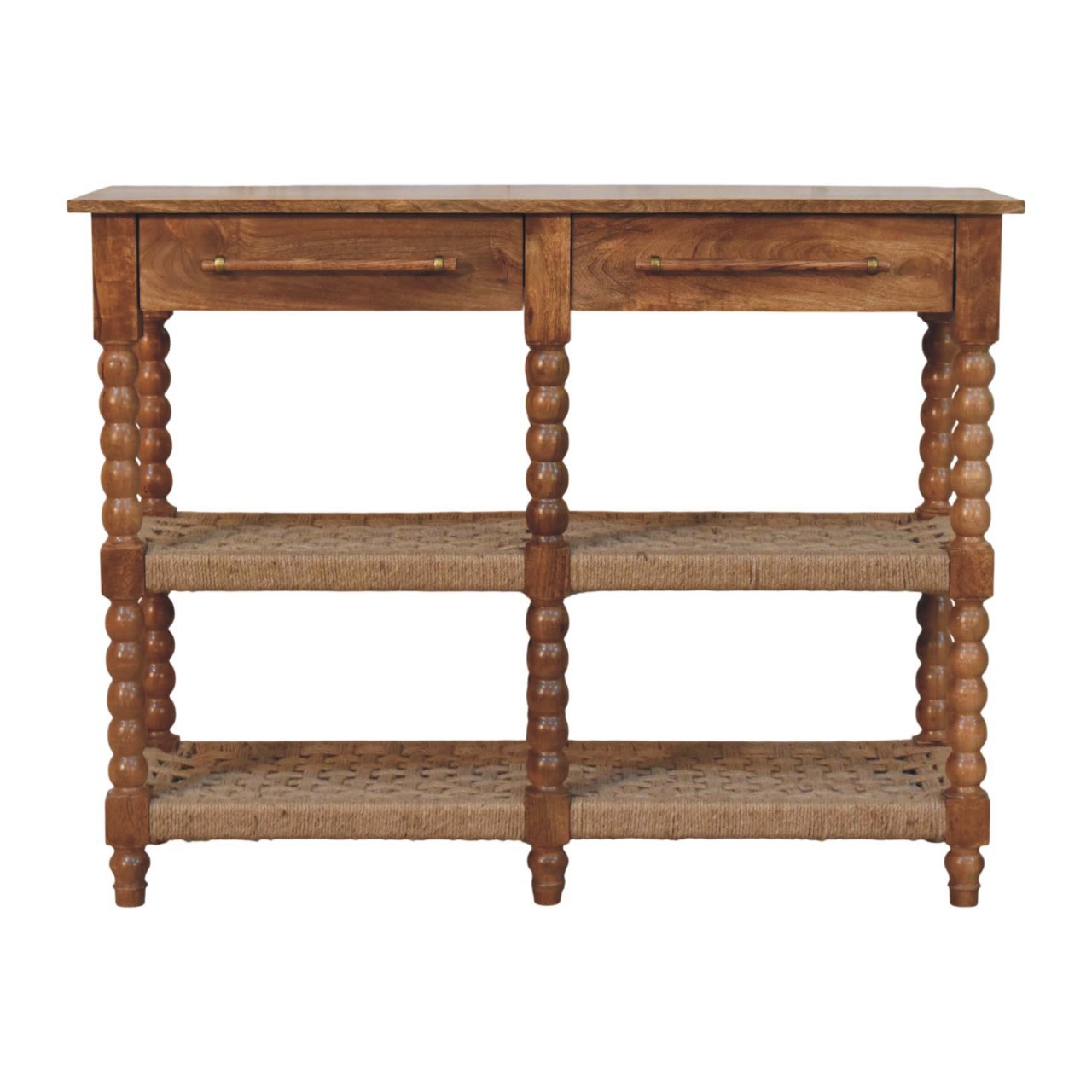 Solid Mango Wood Chestnut Finished Spindle Woven Two Drawer Console