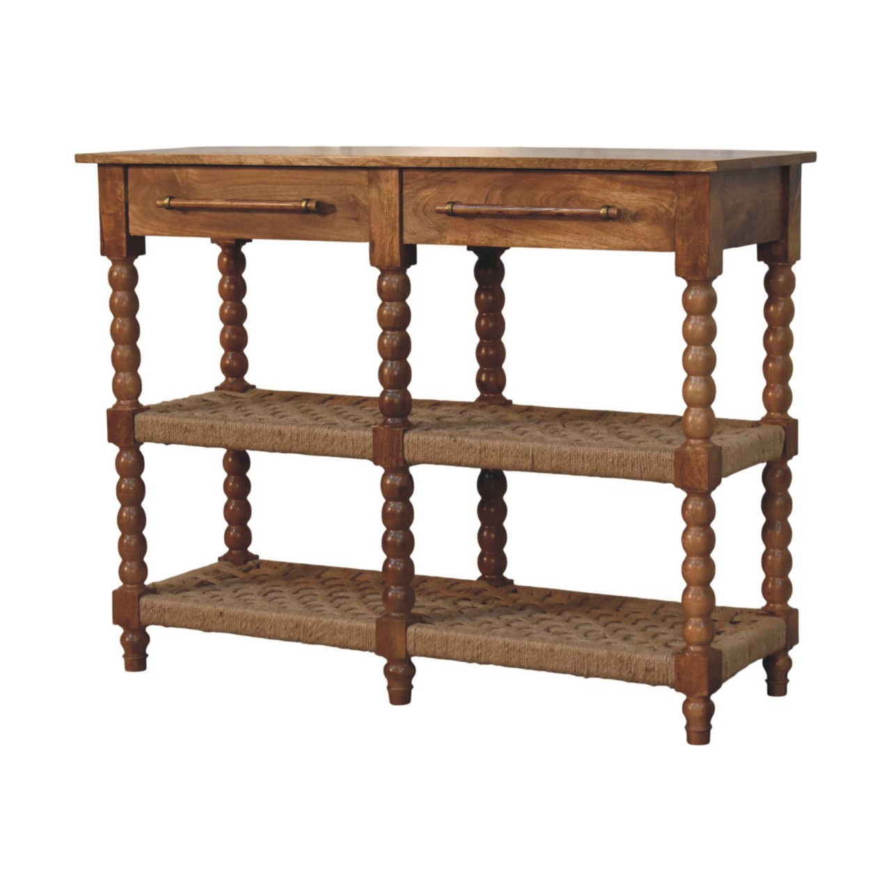 Solid Mango Wood Chestnut Finished Spindle Woven Two Drawer Console - Image 2