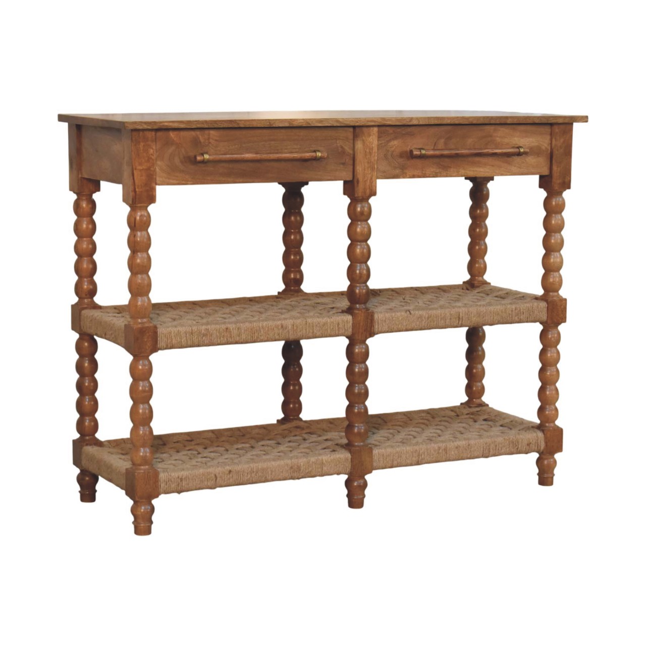Solid Mango Wood Chestnut Finished Spindle Woven Two Drawer Console - Image 3