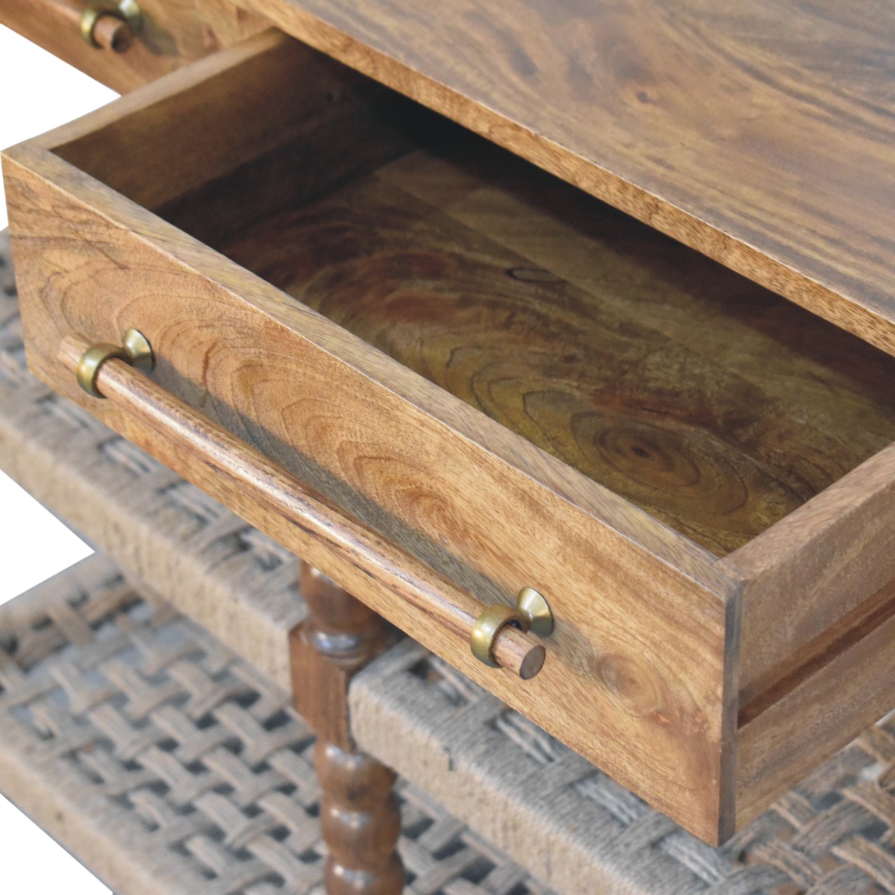 Solid Mango Wood Chestnut Finished Spindle Woven Two Drawer Console - Image 5