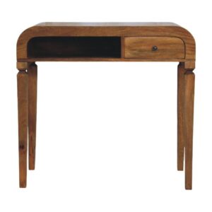 Solid Mango Wood Amber Oak Finished Curved Open Shelf 1 Drawer Writing Desk