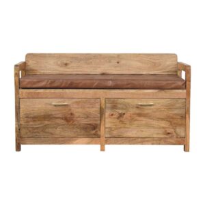 Solid Mango Wood Oak Finish Storage Bench with Brown Leather Seat