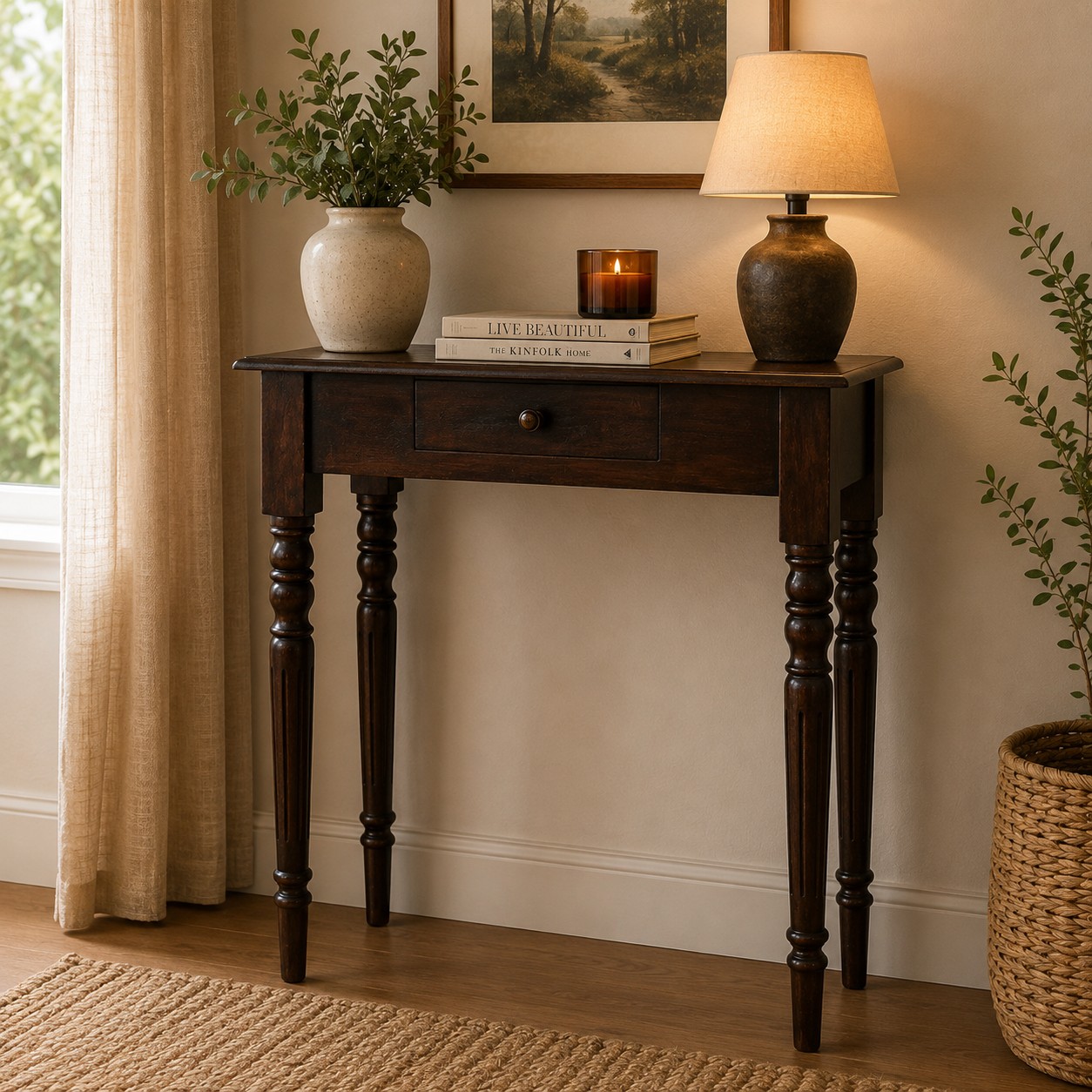 Solid Mango Wood California Walnut Finished Spindle Legs Accent 1 Drawer Console Table