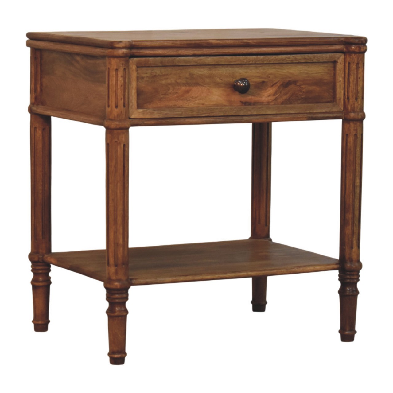 Solid Mango Wood Amber Oak Finished 1 Drawer Heritage Column Side Table - Image 5